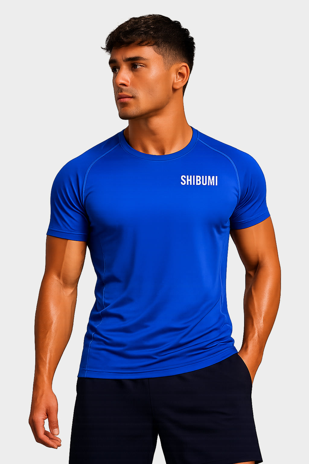 Man wearing a blue athletic shirt with 'SHOSHIN' logo on a white background